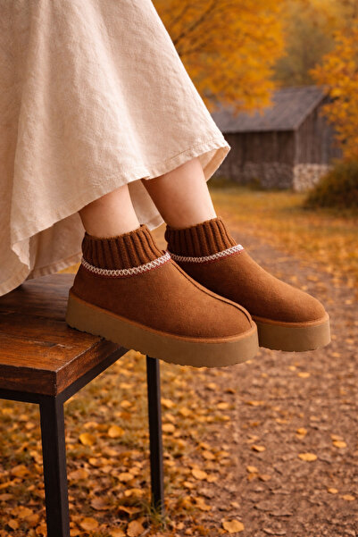 RynModa Kadın Süet Içi Kürklü Kalın Taban Bileği Lastikli Kısa Kadın Bot&bootie