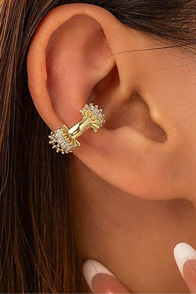 TAKIŞTIR Altın Renk Taş Detaylı 14K Altın Kaplama TX Ear Cuff (Tek)