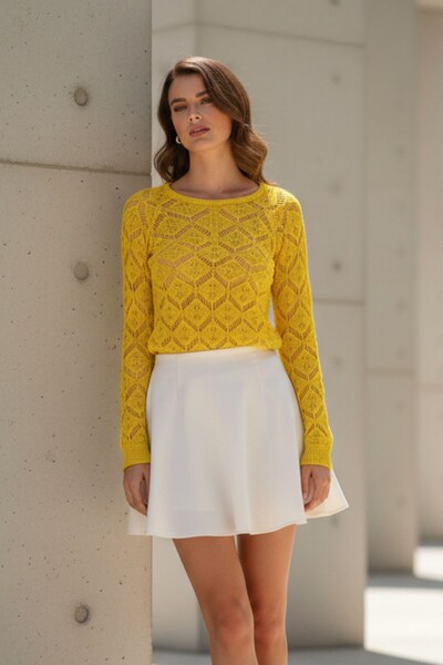 Kübra Tekstil بلوزة نسائية صفراء حياكة دانتيل محبوكة بتفاصيل ناعمة وملمس ناعم للموسم الجديد - بلوزة تريكو أنيقة - سترة نسائية