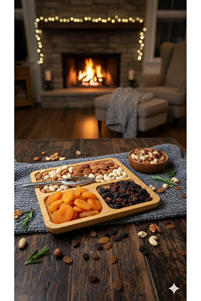 YUVAM CONCEPT Bamboo 3-Compartment Nut Bowl Breakfast Snack Bowl Deepless Design Presentation Plate 20X20 cm