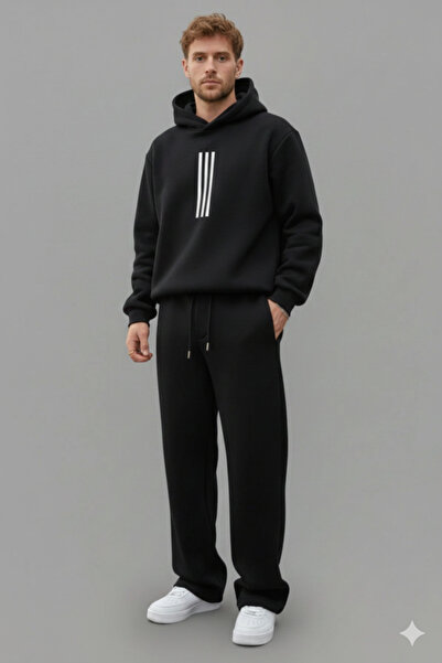 NİCE 3-Striped Oversized Baggy Tracksuit Set-Winter Thick 3-Thread Fleece-Lined Wide-Leg Sweatpants-Top and Bottom Set