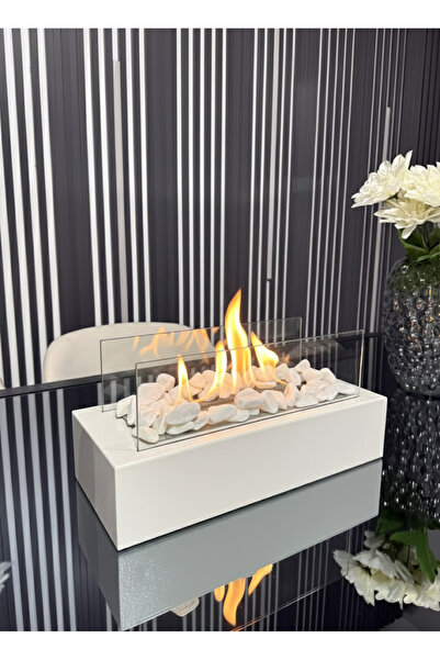 Mondelux Premium Metal Masaüstü Beyaz Şömine - Dekoratif Taş ve Yakıt Hediyeli