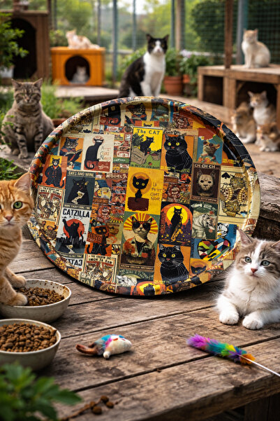 ATAGİFT HEDİYELİK Kedi Severlere Özel Desenli Yuvarlak Metal Çay Kahve Sunum Tepsisi – 35 CM