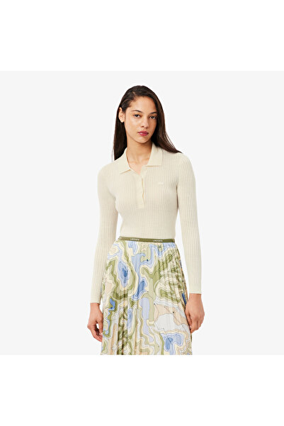 Lacoste Kadın Regular Fit Polo Yaka Krem Kazak