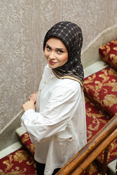 Tesettürnağme EcoZen Eşarp TN2106 Monogram 04-Siyah-Camel