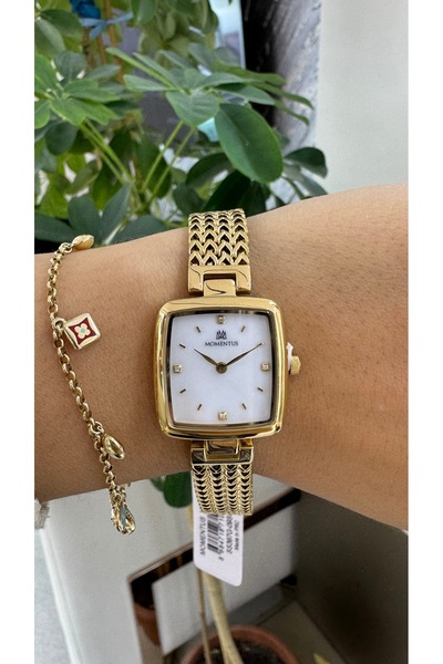 TRİA SİLVER ساعة مومينتوس SS397G-09SG للنساء، شبكة فولاذية ذهبية، قرص، علبة م...