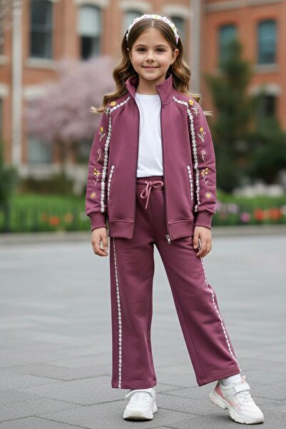 Minigimin Cicileri طقم رياضي للفتيات من Miniğimin مع تطريز وسحاب - لون أرجواني