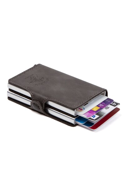 Newish Gray Leather Rfid Aluminum Dual Mechanism Card Holder and Wallet