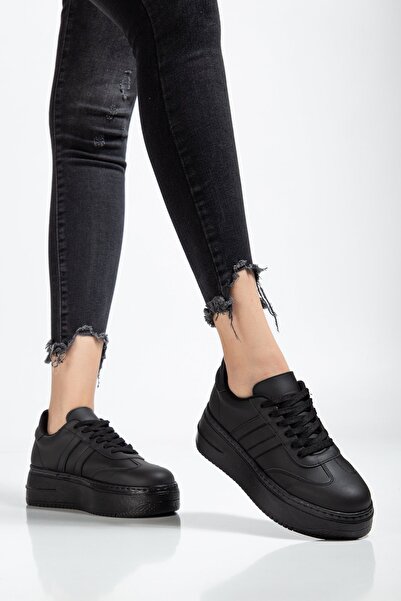 BAHRİNA حذاء رياضي نسائي ذو نعل سميك من الجلد الأسود