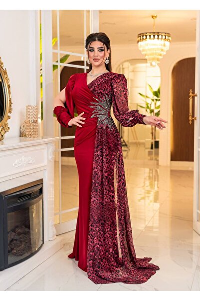 Matik Abiyem Kristal Buzi Leopar Dijital Şifon Baskılı Taş Aksesuarlı Uzun Elbise Abiye