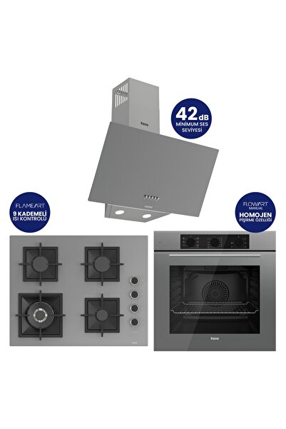 Ferre Flowart Turbolu Silentart Gri Cam Ankastre Set ( 65 CM Woklu OCAK ) QBL...