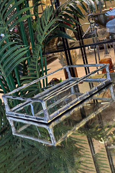 LEMİ DEKORASYON İthal Döküm Gümüş Dikdörtgen Dekoratif Bambu Tepsi 25*40 Cm