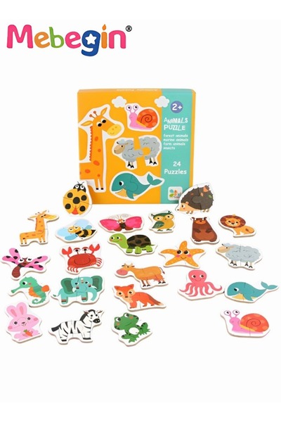 MEBEGIN مجموعة ألغاز خشبية مكونة من 24 قطعة، بتصميم حيوانات، ألعاب تعليمية خش...