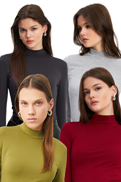 Ladima Women's Oil Green Anthracite Light Gray Burgundy 4-Piece Half Turtleneck Basic Bodysuit