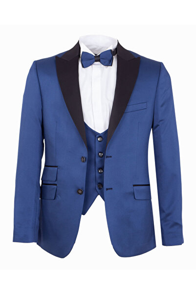 OSCAR BANKS Men's Slim Fit 3-Piece Tuxedo Set - Jacket + Vest + Bow Tie - Blue