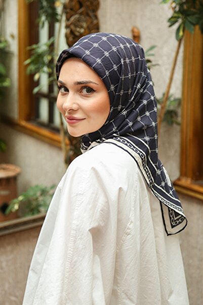 Tesettürnağme EcoZen Κασκόλ TN2106 Μονόγραμμα 07-Σκούρο Ναυτικό Μπλε-Λευκό