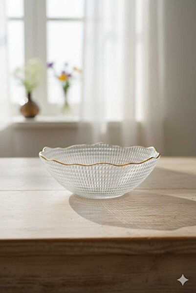 SUKILO Glass Serving Bowl with Gold Trim, Textured Design, 16 * 6cm, White