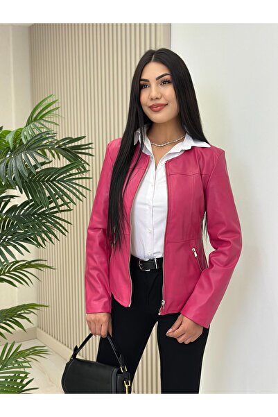 DISHI FASHİON Leather Jacket with Collar Lining in Pink