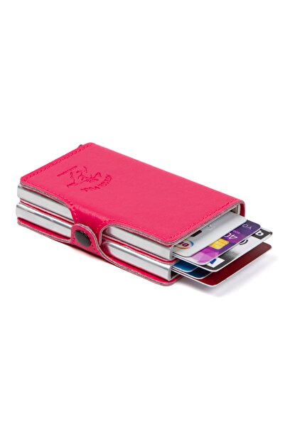 Newish Fuchsia Leather Rfid Aluminum Dual Mechanism Card Holder and Wallet