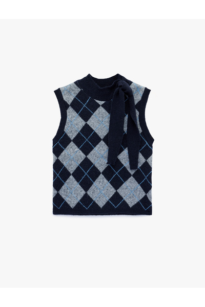 Koton Lightweight Mock Neck Diamond Pattern Sweater with Tie Detail