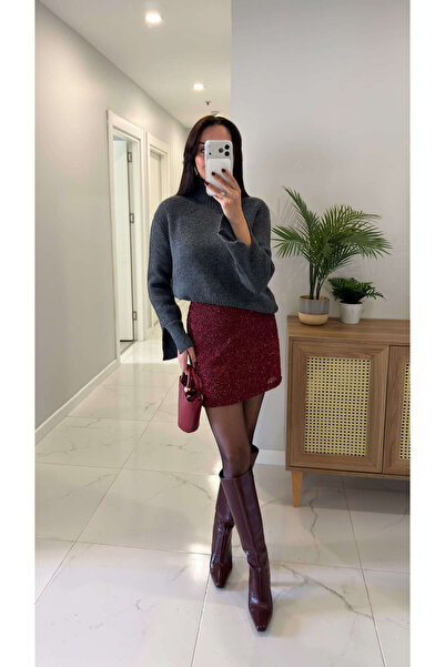 BİRCANÇİL Okwe Burgundy Lined Glitter Skirt