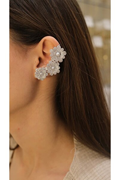 Jerie Full Zirkon Taş Çiçek Figür Earcuff Kıkırdak Küpe (Sol kulak içindir.)