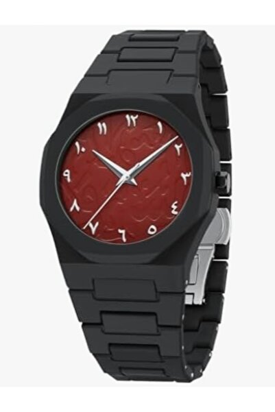 Generic Aura Watch with Arabic Numerals Matte Black Minimalist with Red Paced Silver Dial for Men & Wonen