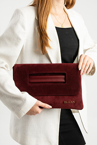 Elizan Yarma Deri Klaç ve Omuz Askılı Bordo Çanta