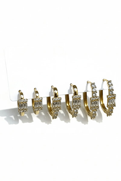 TAKIŞTIR Altın Renk 6'lı Taş Detaylı TX 14K Altın Kaplama Küpe Set