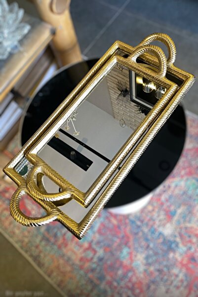 LEMİ DEKORASYON İthal 2 Li Döküm Gold Dikdörtgen Dekoratif Aynalı Tepsi 47-57 Cm