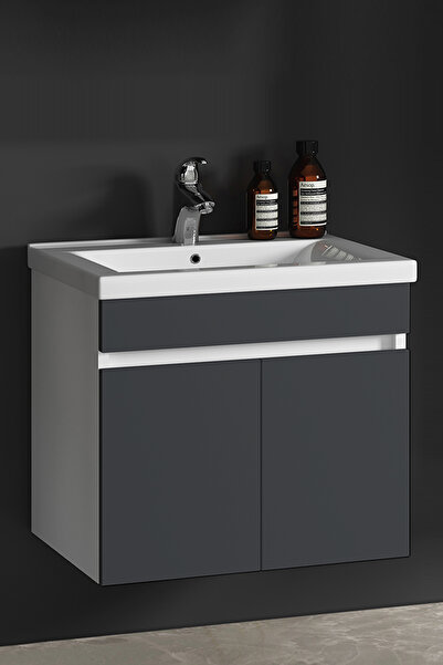 ÖZCEDEN Çiğdem 65 Cm Beyaz-Antrasit Gri Mat Mdf Seramik Lavabolu Asma Banyo A...