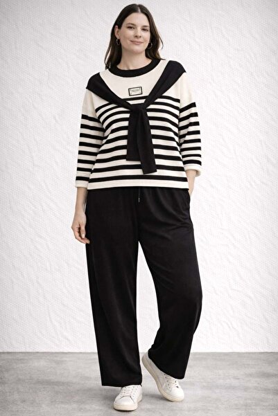 bezeXL Plus size tie-up neck knit two-piece set - black