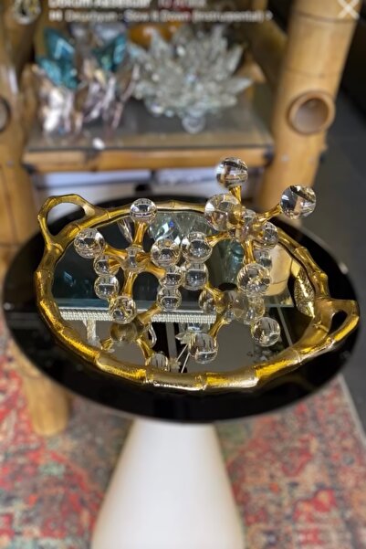 LEMİ DEKORASYON İthal Döküm Gold Dekoratif Yuvarlak Bambu Aynalı Tepsi 40 Cm