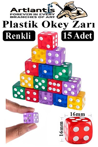 Artlantis Okey Zarı 15 Adet Renkli Oyun Zarı Plastik Akrilik 16 mm Şeffaf Zar...