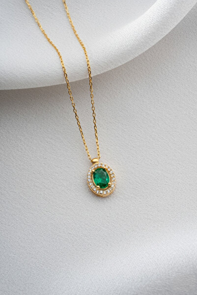 Two Arts Kadın 925 Ayar Gümüş Zümrüt Mayıs Doğum Taşlı Baget Kolye Oval | 14K...