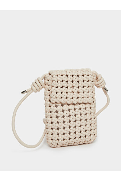Styli Beige Woven Leather Crossbody Phone Bag