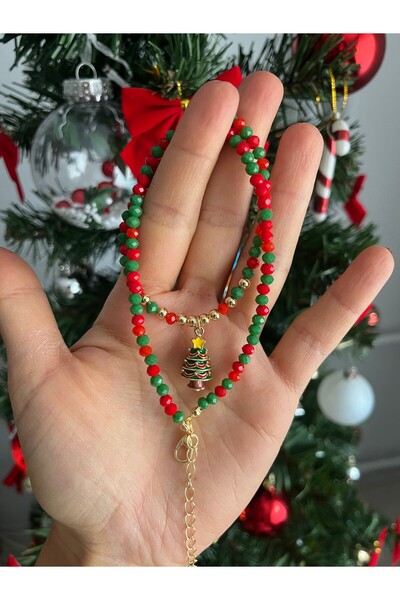 Stoneday Christmas Crystal Beaded Charm Necklace with Christmas Tree Pendant