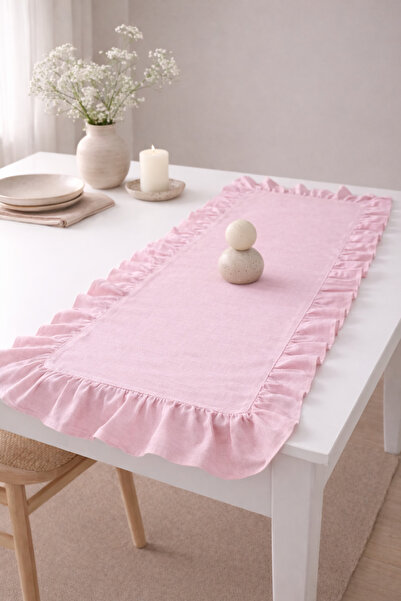 MZN Home 4 Kenar Fırfırlı Pembe Keten Runner 30x80 cm – %100 Doğal Pamuk