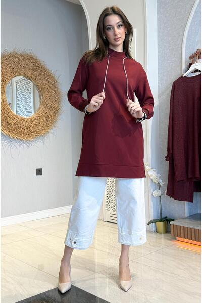 Armine Yakası Taş Bağcıklı Fermuarlı Tunik - Bordo