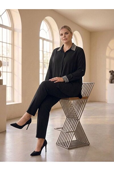 Hanezza Yıl Başı Şıklığı Büyük Beden Yaka Ve Kol Taş Detaylı Gömlek