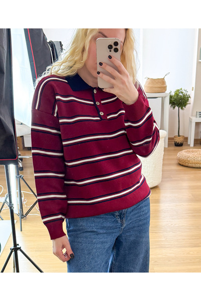 Modaonna Navy Blue Striped Burgundy Knit Sweater