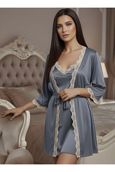 Cute طقم روب نسائي من الساتان والدانتيل باللون الأزرق الفولاذي - روب قصير حريري مع بطانة داخلية متناسقة