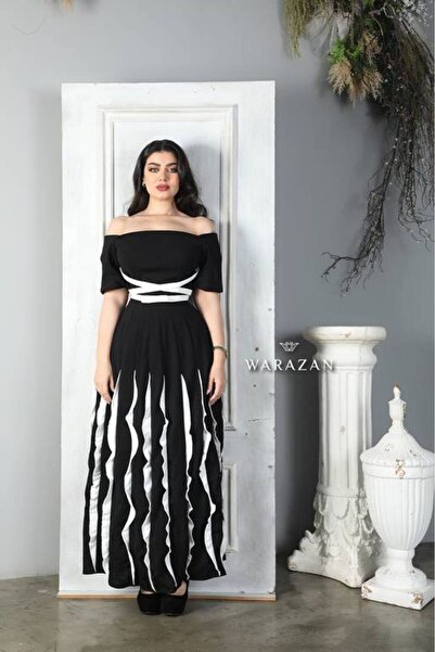 Warazan Long Soft Evening Dress Black with White and Ruffles
