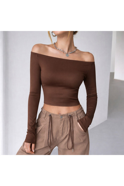 ÖZ PAMUK Kadın Asimetrik Omuz Detay Kayık Yaka Düz Basic Bluz