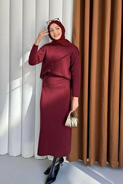 Modaensarbutik Düğme Detaylı Etekli Triko Takım-BORDO