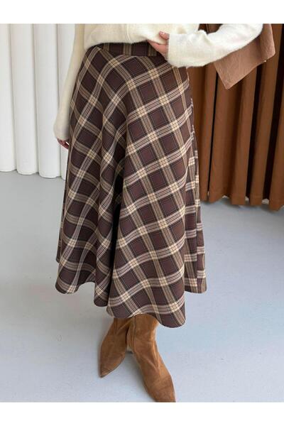 Modaensarbutik Cepli Ekose Desenli Verev Etek-KAHVERENGİ