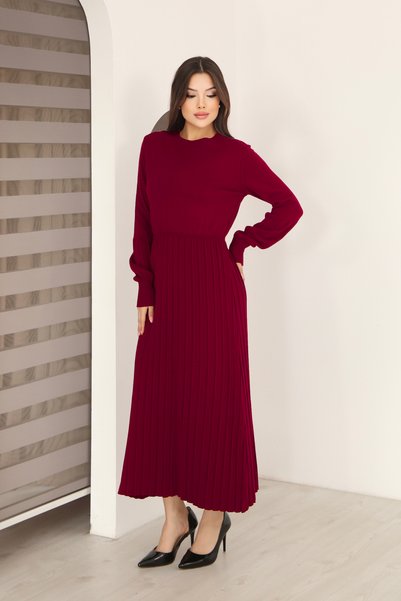 Madame Lestrange Round Neck Long Sleeve Elastic Waist Pleated Ankle Length Slim Stylish Knit Dress