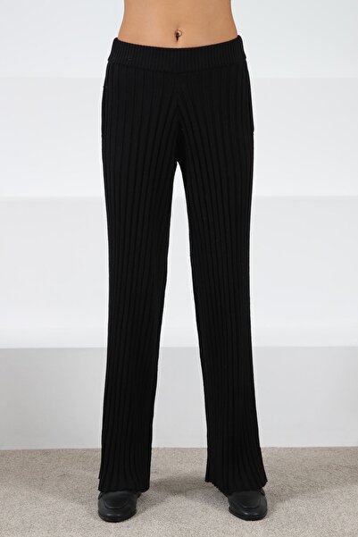 Ferraro Black High Waist Corded Fabric Pockets Wide Leg Corded Fabric Cashmere Women's Knitwear Trousers