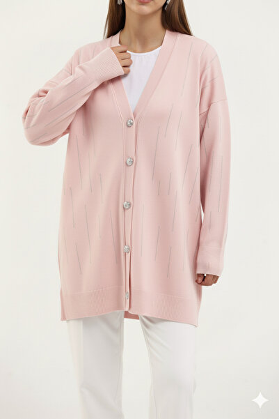 CELTMODA Women's Stone Embroidered Buttoned Mercerized Cardigan - Pink