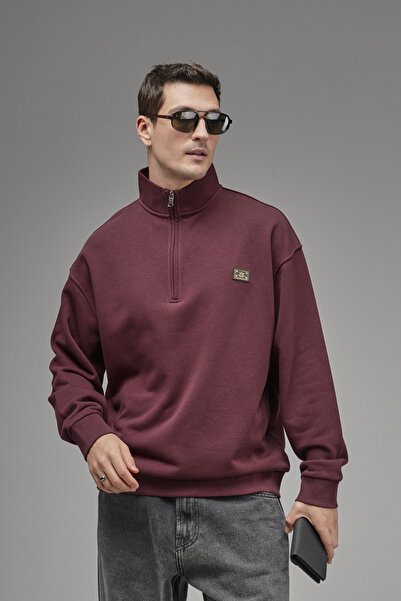 Butik Trend Biz Mock Neck Zippered Logo Detailed Oversized Sweatshirt